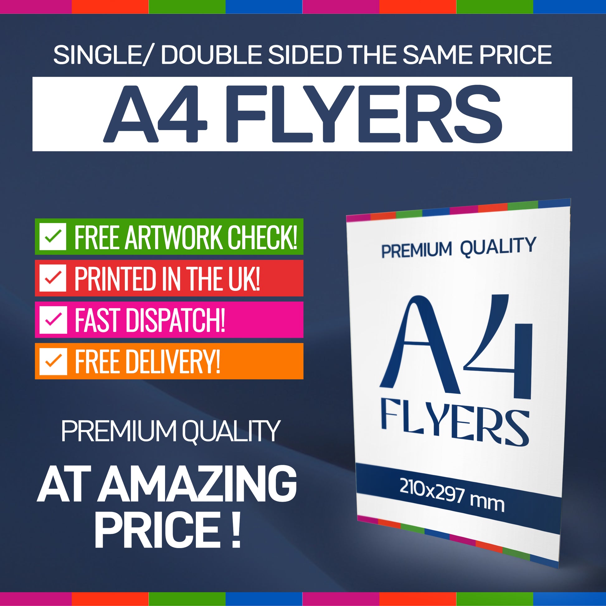 Advertisement for A4 flyers with promotional text on a dark blue background
