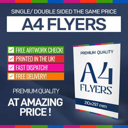 Advertisement for A4 flyers with promotional text on a dark blue background