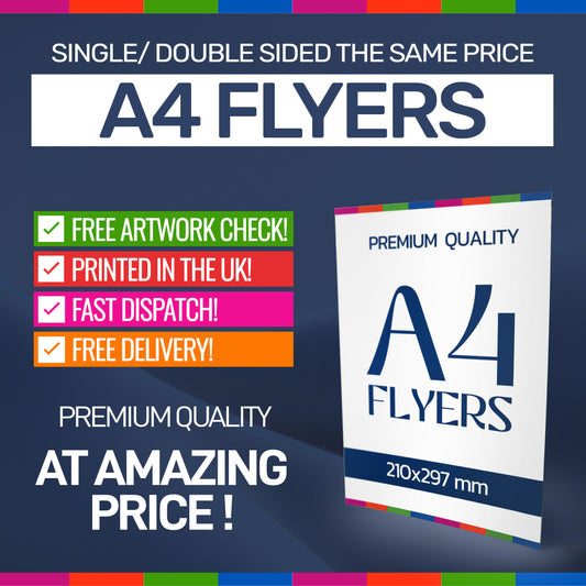 Advertisement for A4 flyers with promotional text on a dark blue background