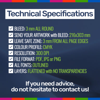 Technical specifications for print production on a dark blue background with colorful bars at the top and bottom.