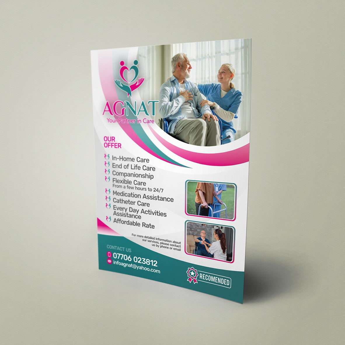 A5 Flyer for home care services on a light gray background