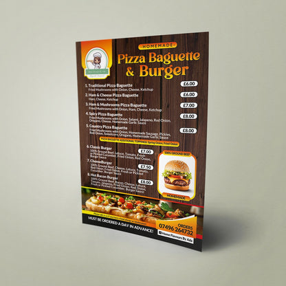 A5 Menu for Pizza Baguette & Burger with wooden texture and food images.