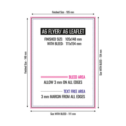A6 flyer/leaflet dimensions with bleed area and text free area on a white background