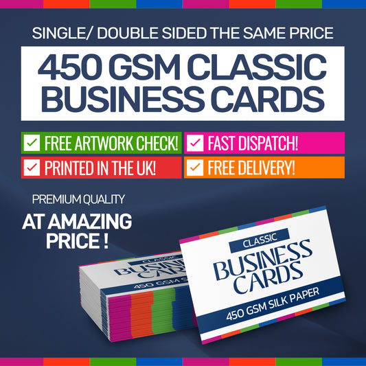 Promotional graphic for 450 GSM classic business cards, showing a stack and a single card with text highlighting free artwork check, fast dispatch, printed in the UK, and free delivery.