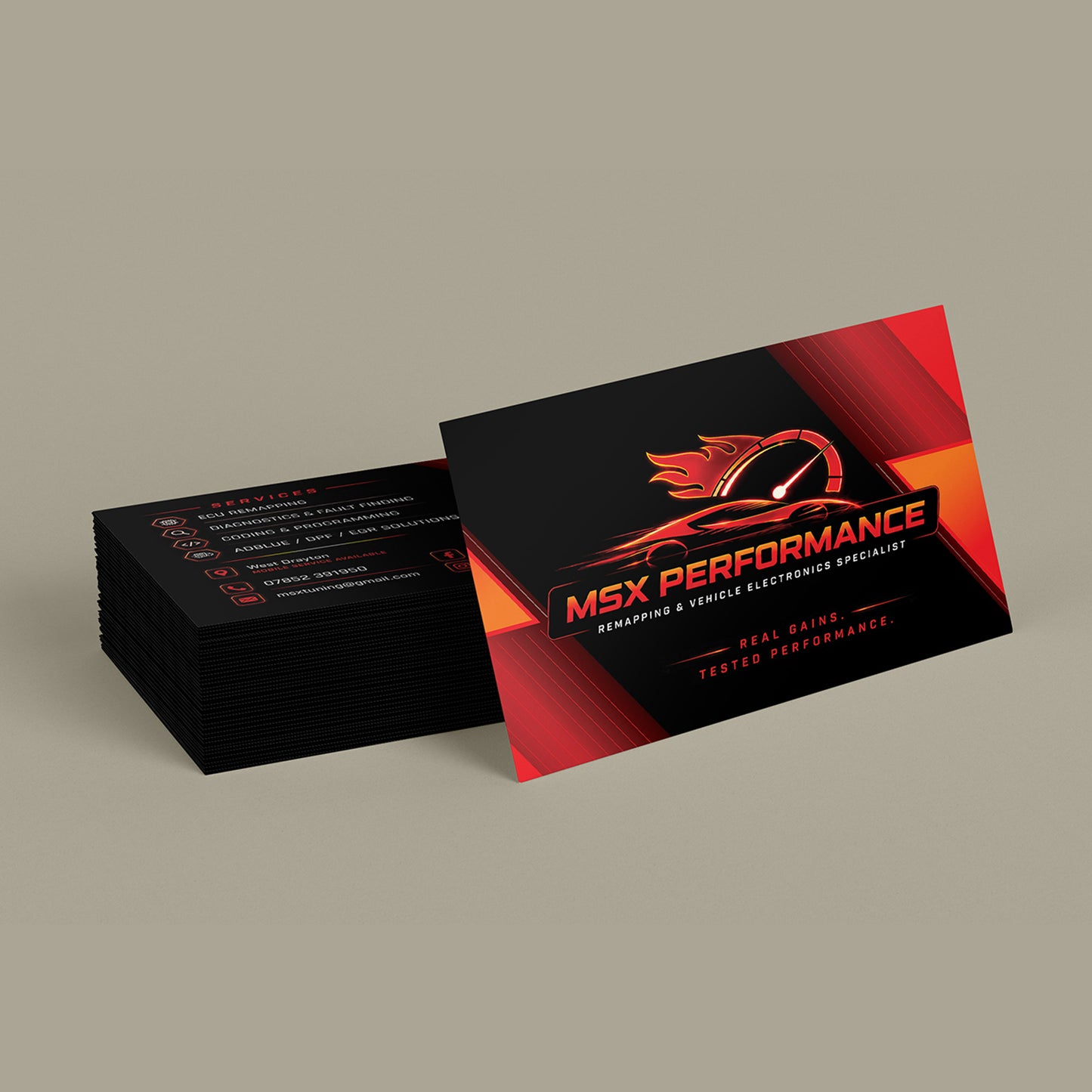 A stack of black business cards with red and orange graphic accents, with one card standing upright in front. The front card displays the text 'MSX PERFORMANCE' and 'ZENITHONE & VEHICLE INSPECTION SPECIALIST'.