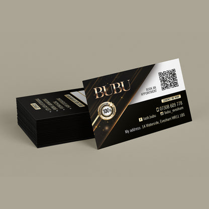 A stack of elegant black and gold business cards with a single card displayed in front, featuring the name 'BUBU' in gold, a QR code, contact details, and a circular gold seal, set against a solid taupe background.