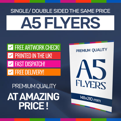 Advertisement for A5 flyers with promotional text on a dark blue background