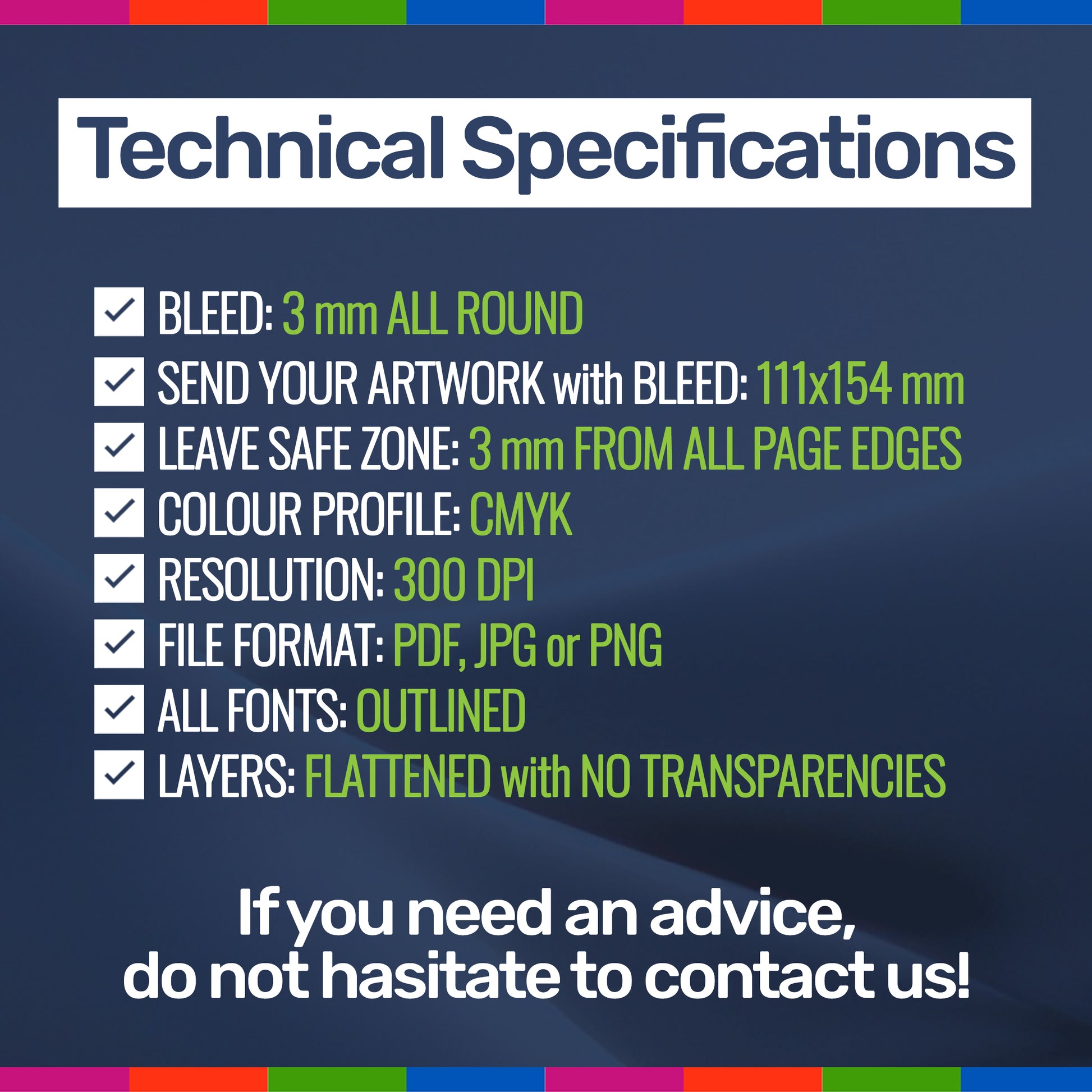 Technical specifications for print services on a dark blue background with colorful bars at the top and bottom.