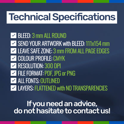 Technical specifications for print services on a dark blue background with colorful bars at the top and bottom.