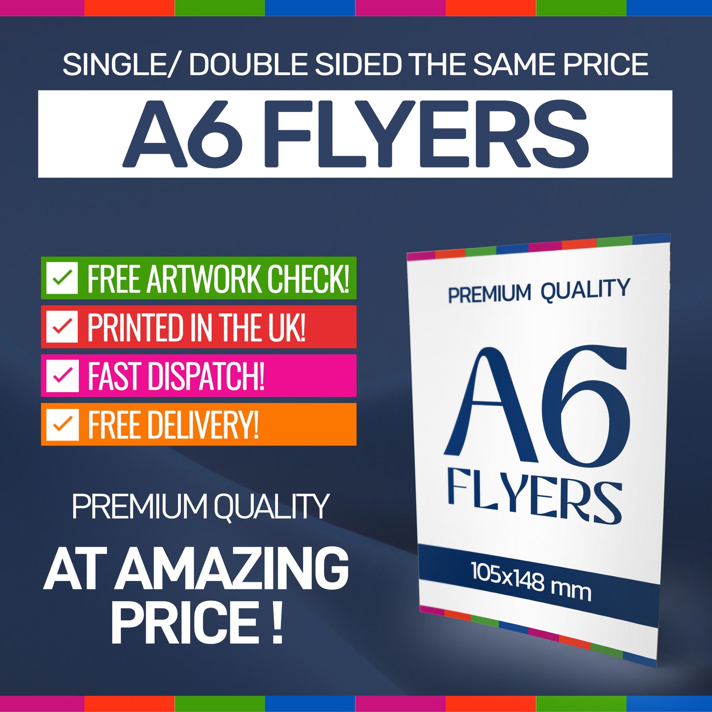 Advertisement for A6 flyers with promotional text on a dark blue background